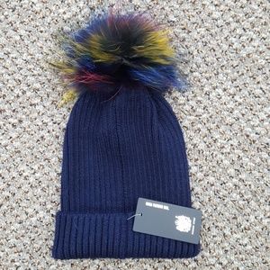 Navy Knit Hat with Fox Fur Pom